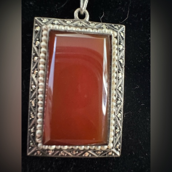ANTIQUE GERMAN STERLING CARNELIAN EMERLD CUT PENDANT & UNIQUE 18” CHAIN ~13.29g - Picture 2 of 13